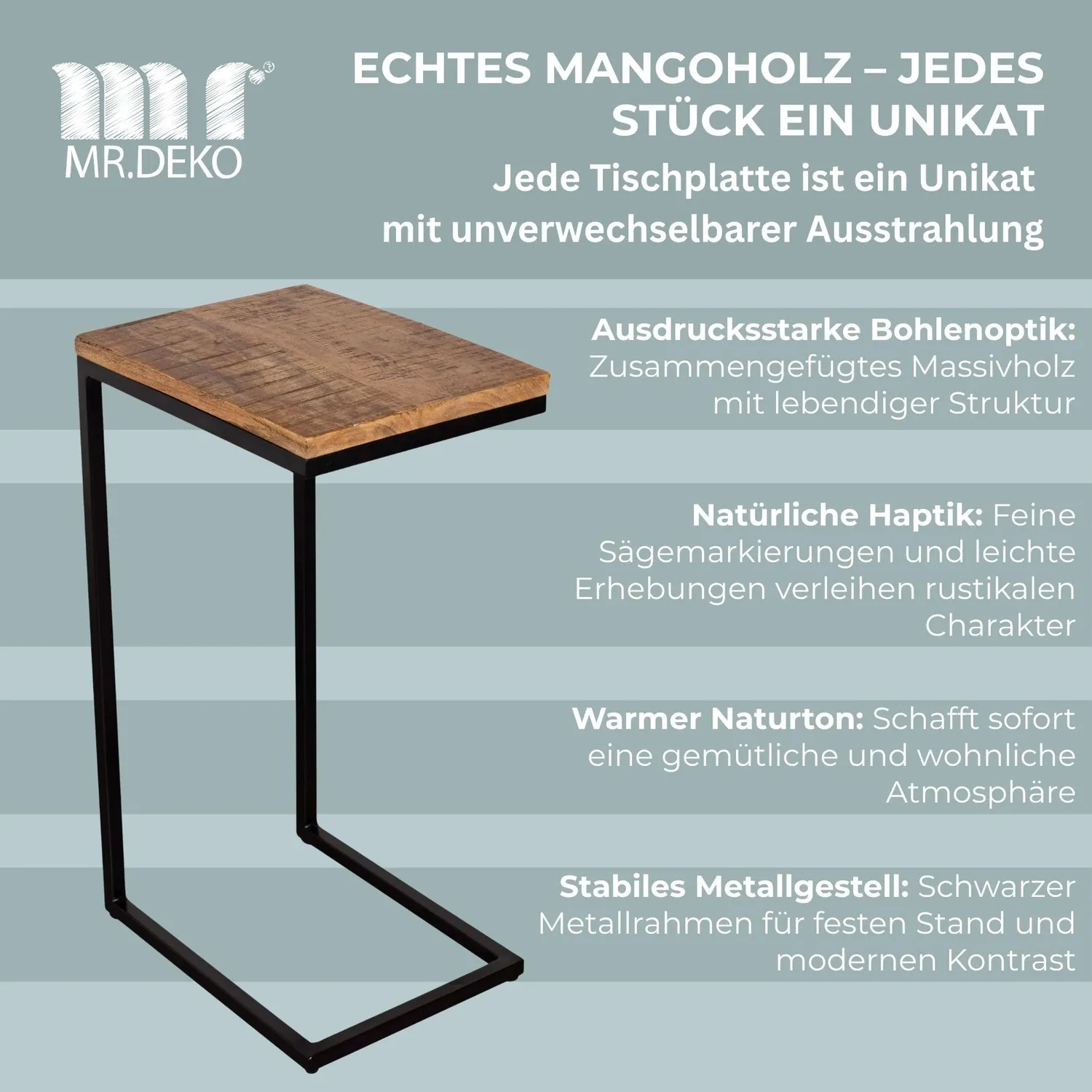 MR.DEKO Materos Beistelltisch 40x30x70 cm Mangoholz C-Design