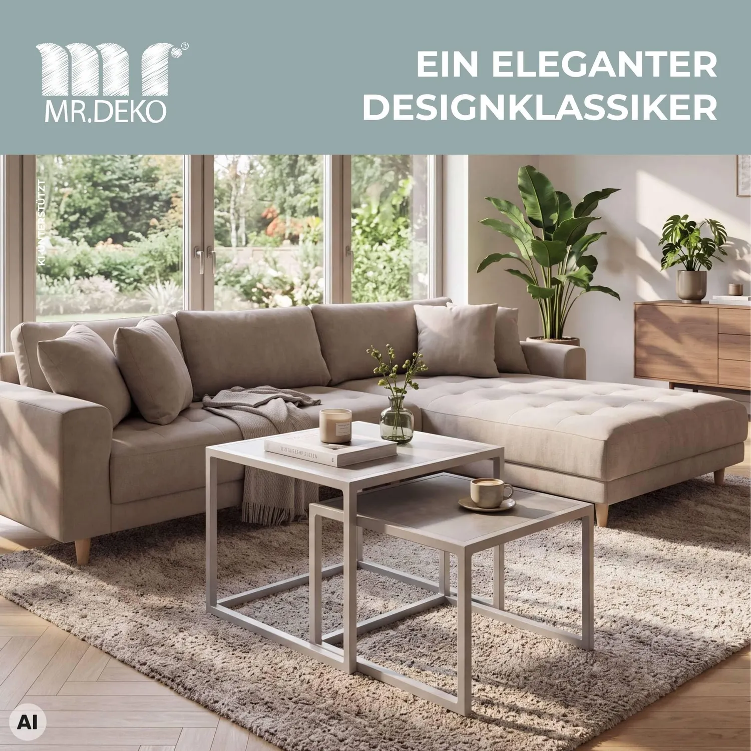 MR.DEKO Dalias Beistelltisch 2er Set Grau Sinterstein