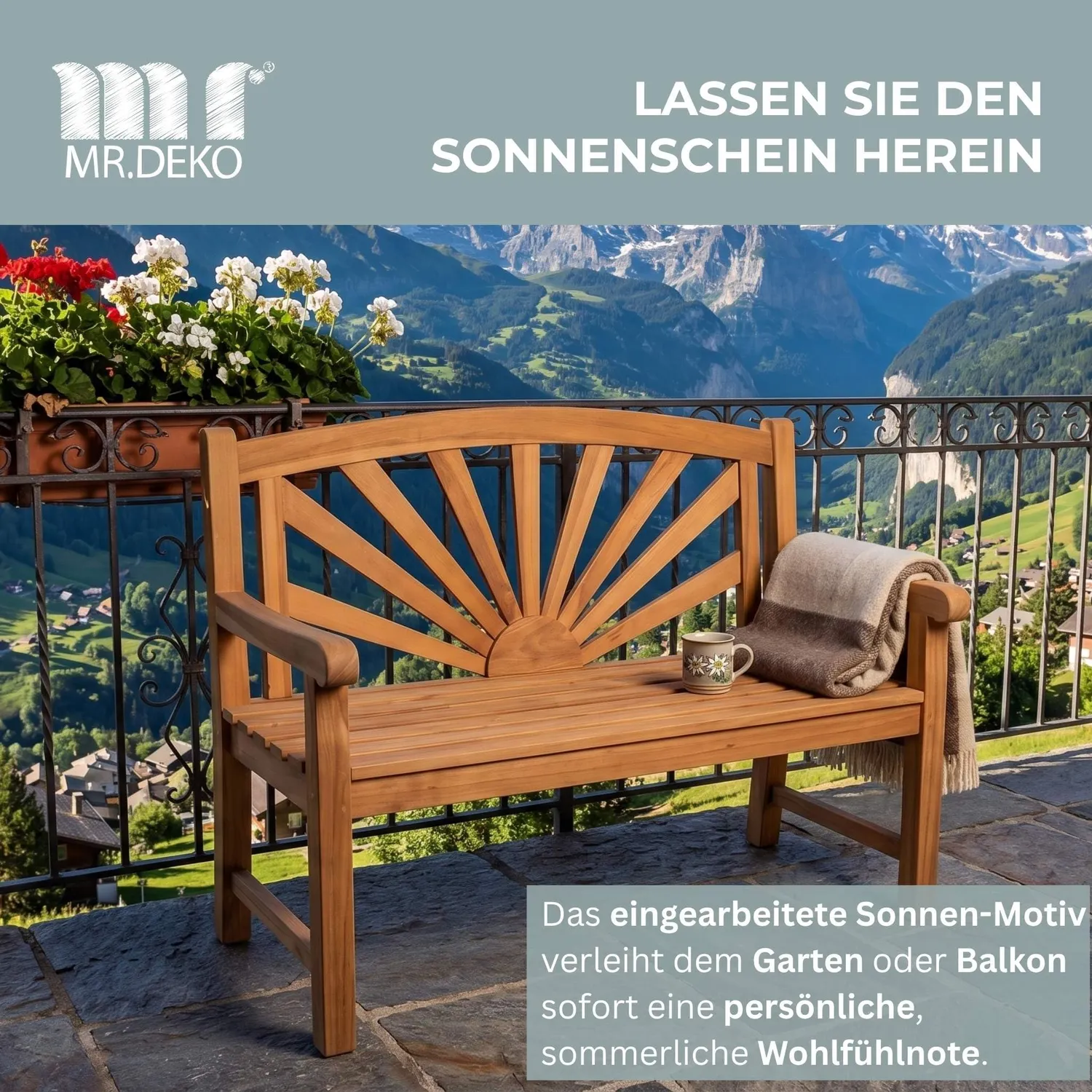 MR.DEKO Motiv Gartenbank Sonne 120x60x94 cm Teakholz 2-Sitzer