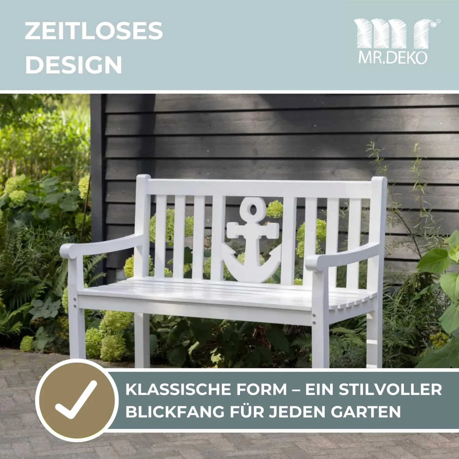 MR.DEKO Anker Gartenbank 2-Sitzer aus Mahagoni grau lackiert
