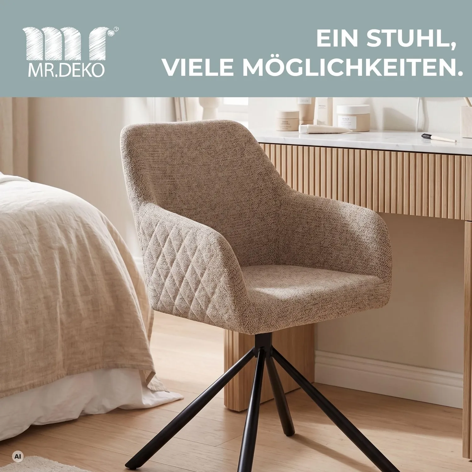 MR.DEKO Cuneo Esszimmerstuhl Polsterstuhl Hellbraun drehbar