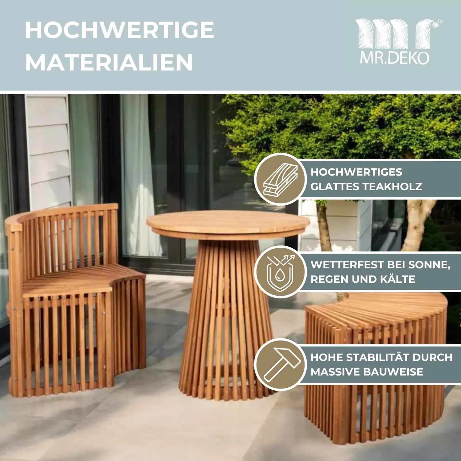 MR.DEKO Henfield Sitzgarnitur Teak 3-teilig mit 2 Bänken