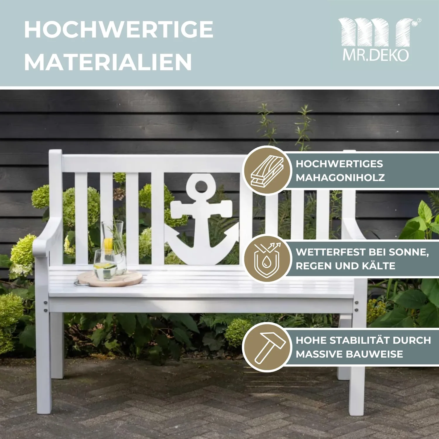 MR.DEKO Anker Gartenbank 2-Sitzer aus Mahagoni grau lackiert