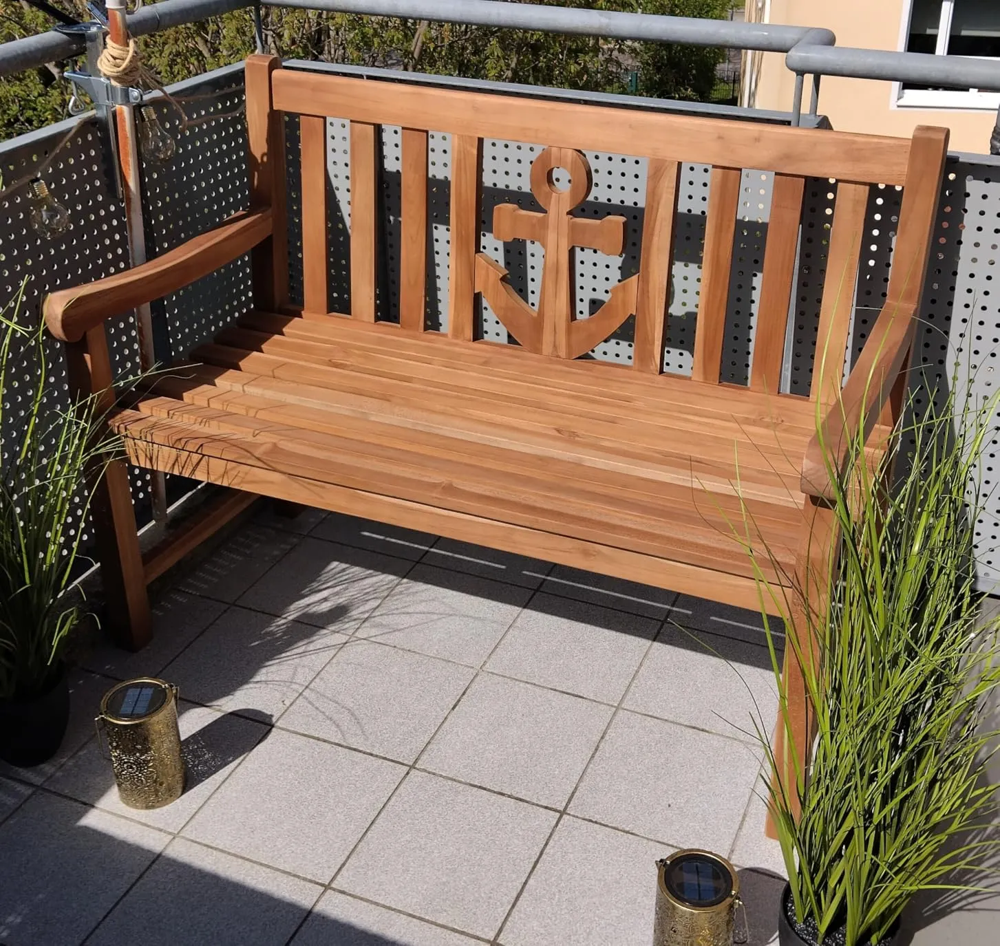 MR.DEKO Motiv Anker Gartenbank 120 cm Teakholz wetterfest