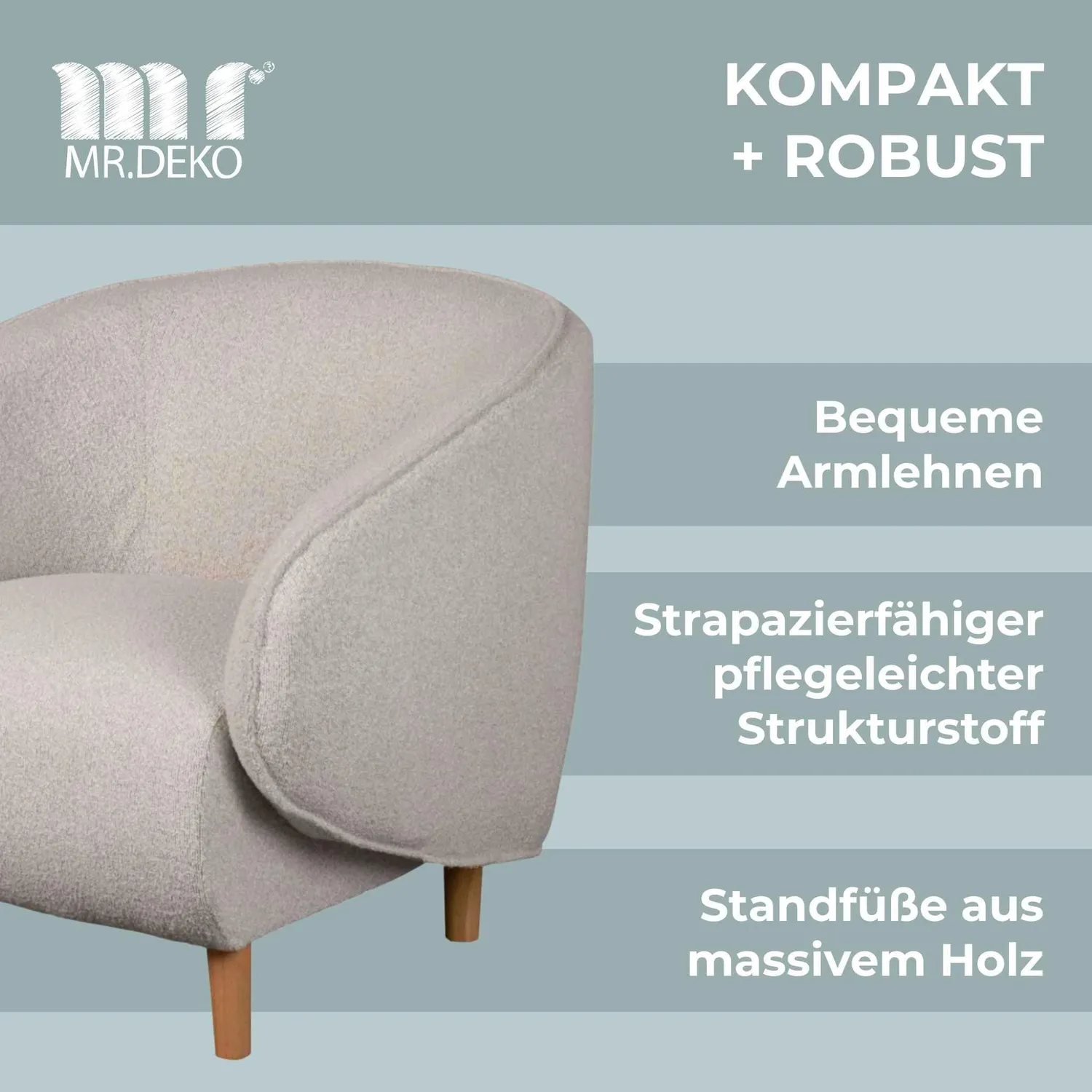 MR.DEKO Relaxsessel mit Armlehnen Polstersessel Massivholz