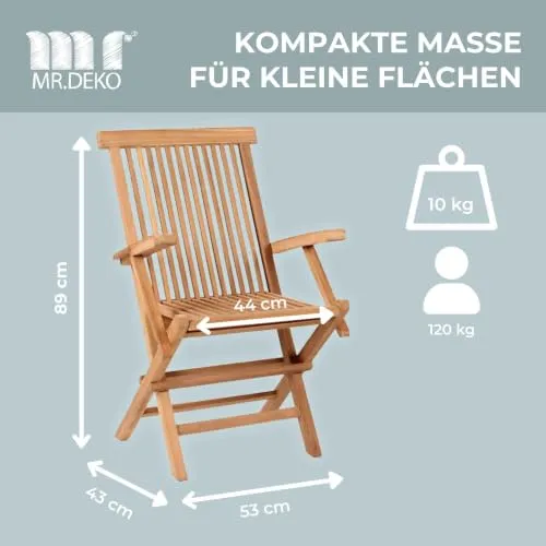 MR.DEKO Andover Klappstuhl Hochlehner Teakholz mit Armlehnen