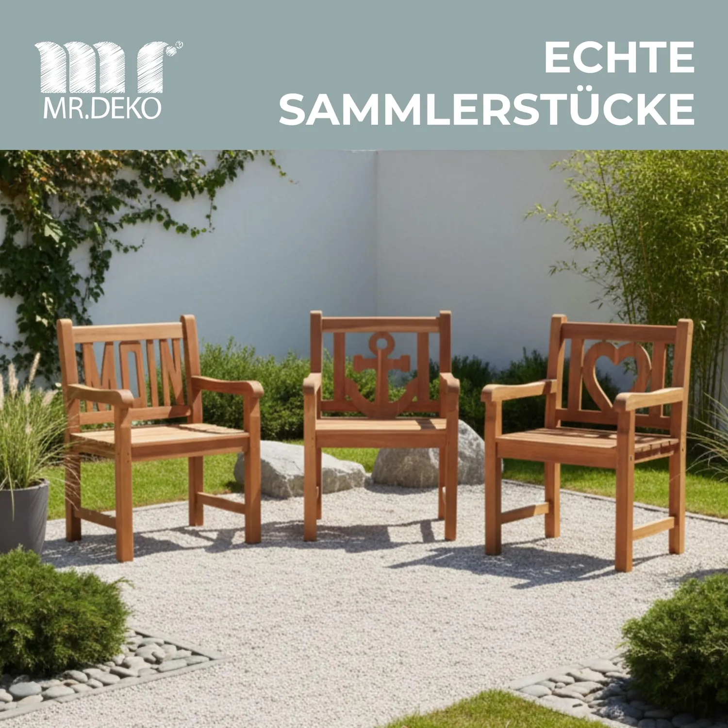 MR.DEKO Herz Gartensessel Teakholz 60x60x91