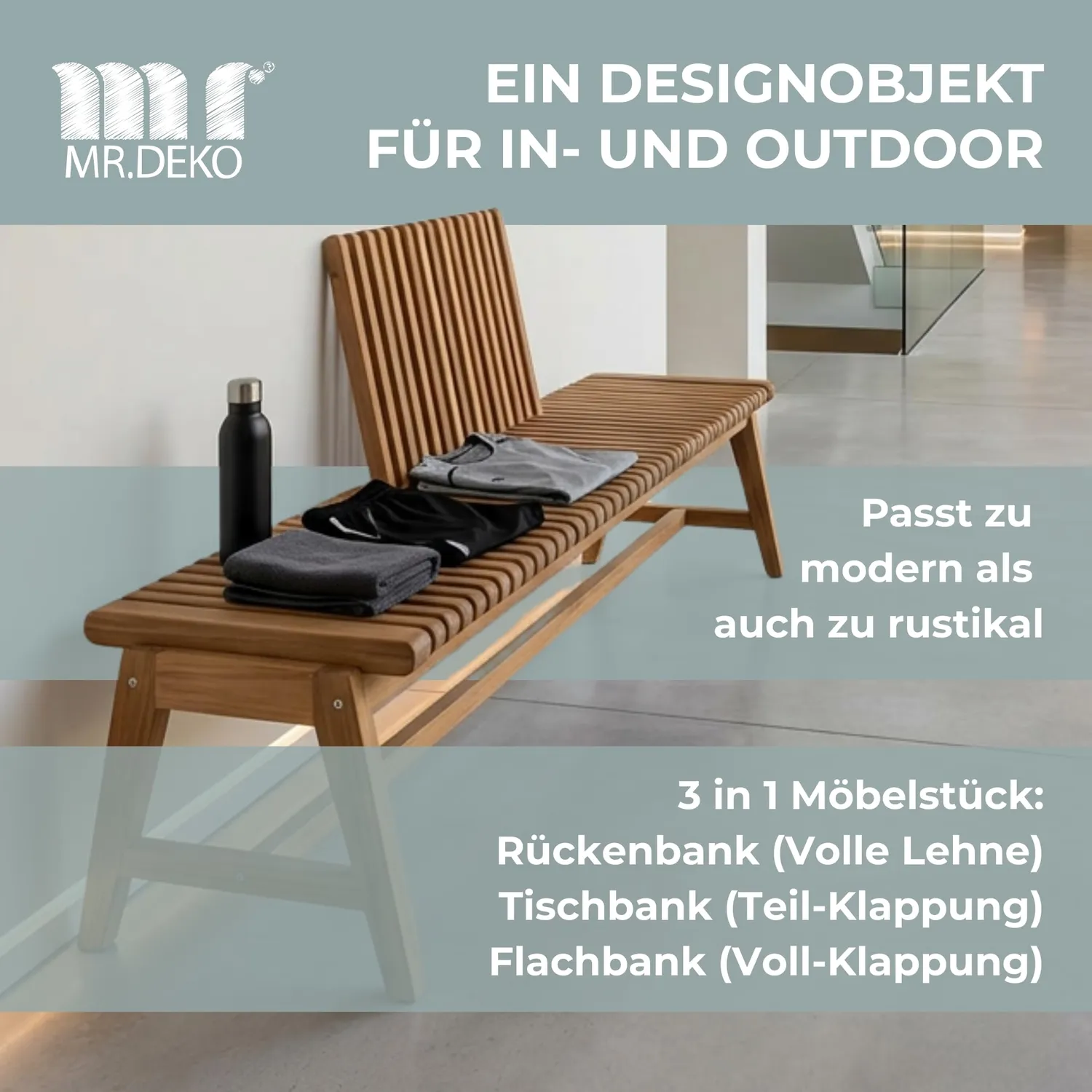 MR.DEKO Leeds Gartenbank Teak 130 cm verstellbar