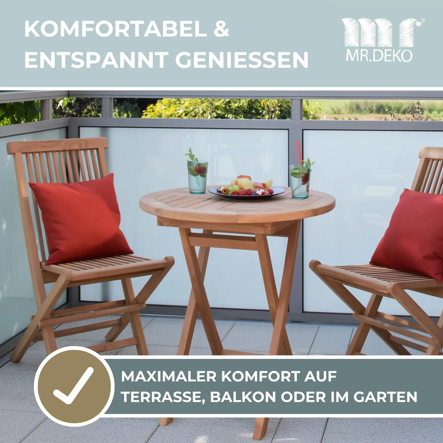 MR.DEKO Langton Gartenmöbelset mit Sutton Klapptisch Teak 3-teilig