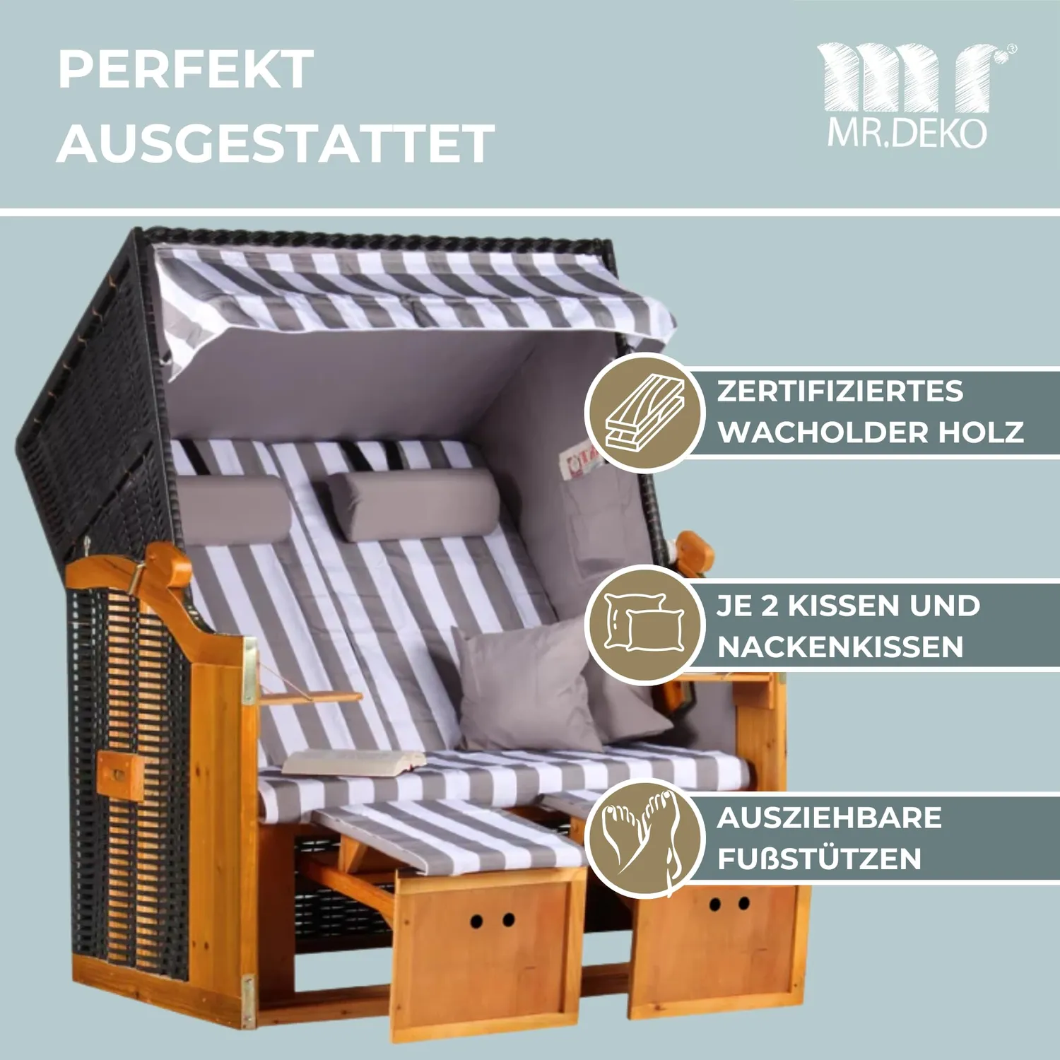 MR.DEKO Ostsee 2-Sitzer Strandkorb Volllieger wetterfest Weiß