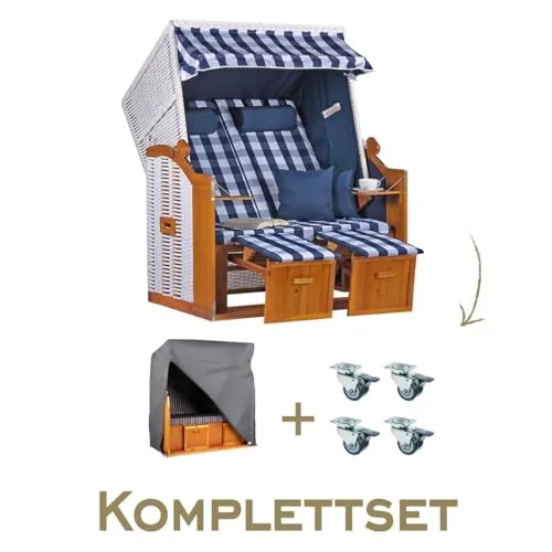 MR.DEKO Ostsee Strandkorb 2-Sitzer Karo Blau Set