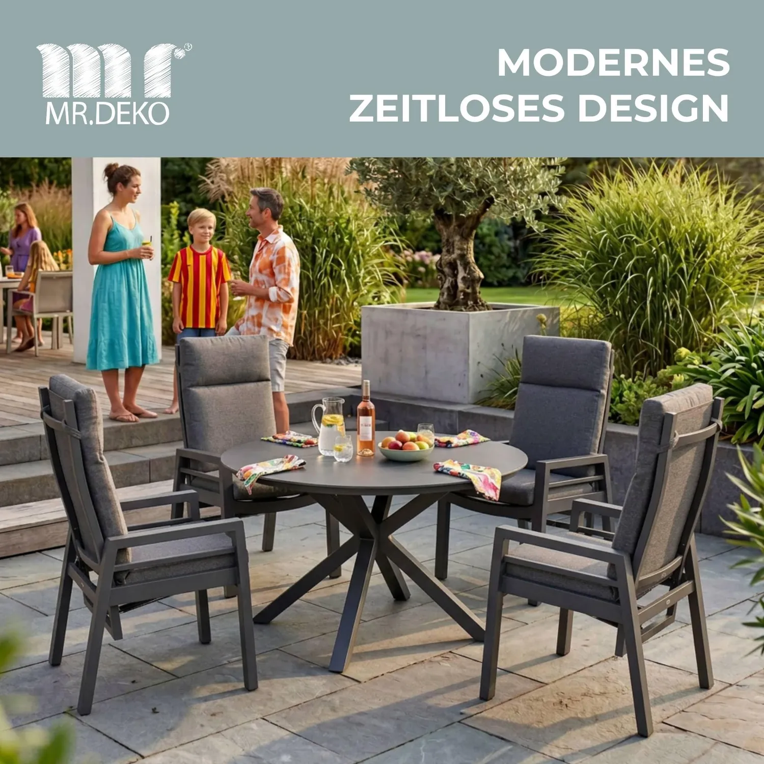 MR.DEKO Merida Relaxsessel Aluminium Textilene Anthrazit mit Kissen