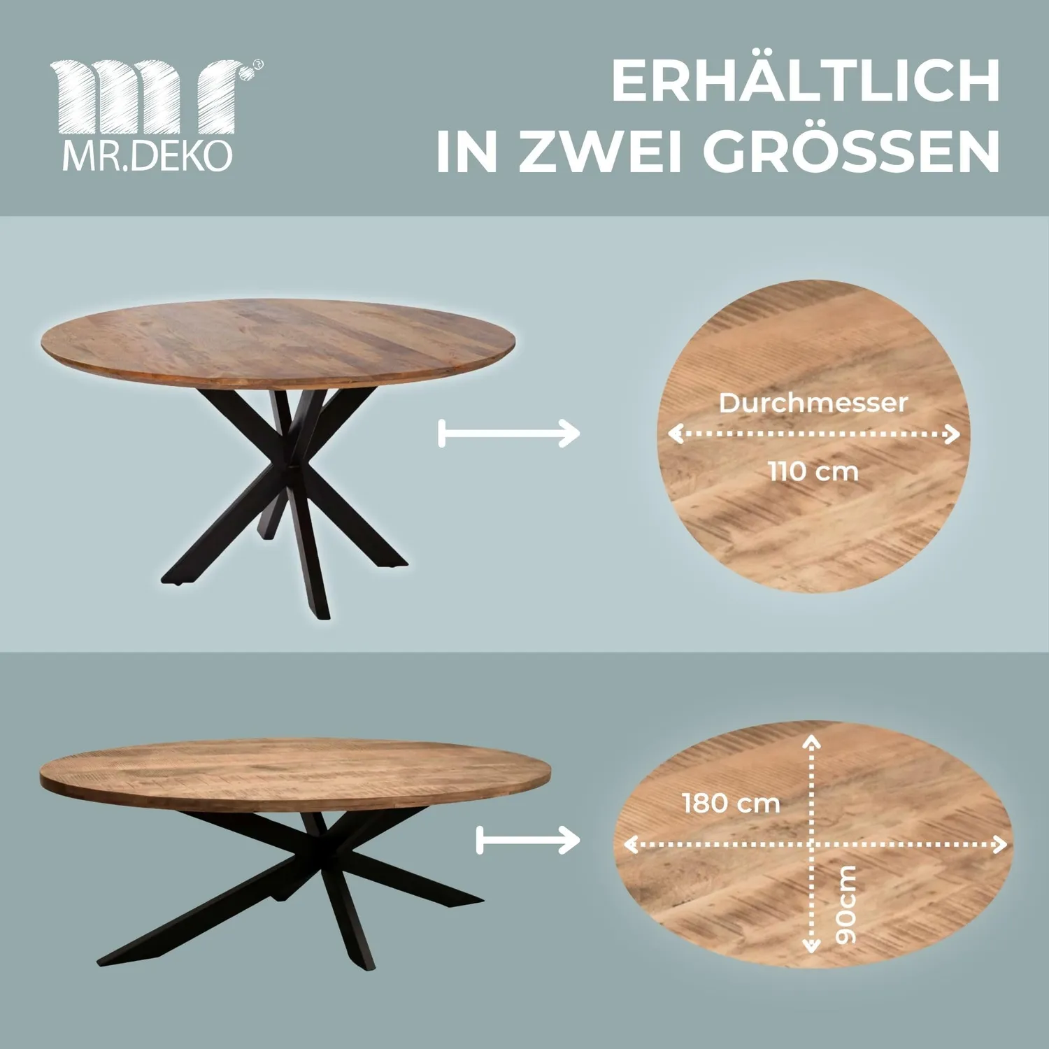 MR.DEKO Avola Oval 180x90 Esstisch Mango Massivholz