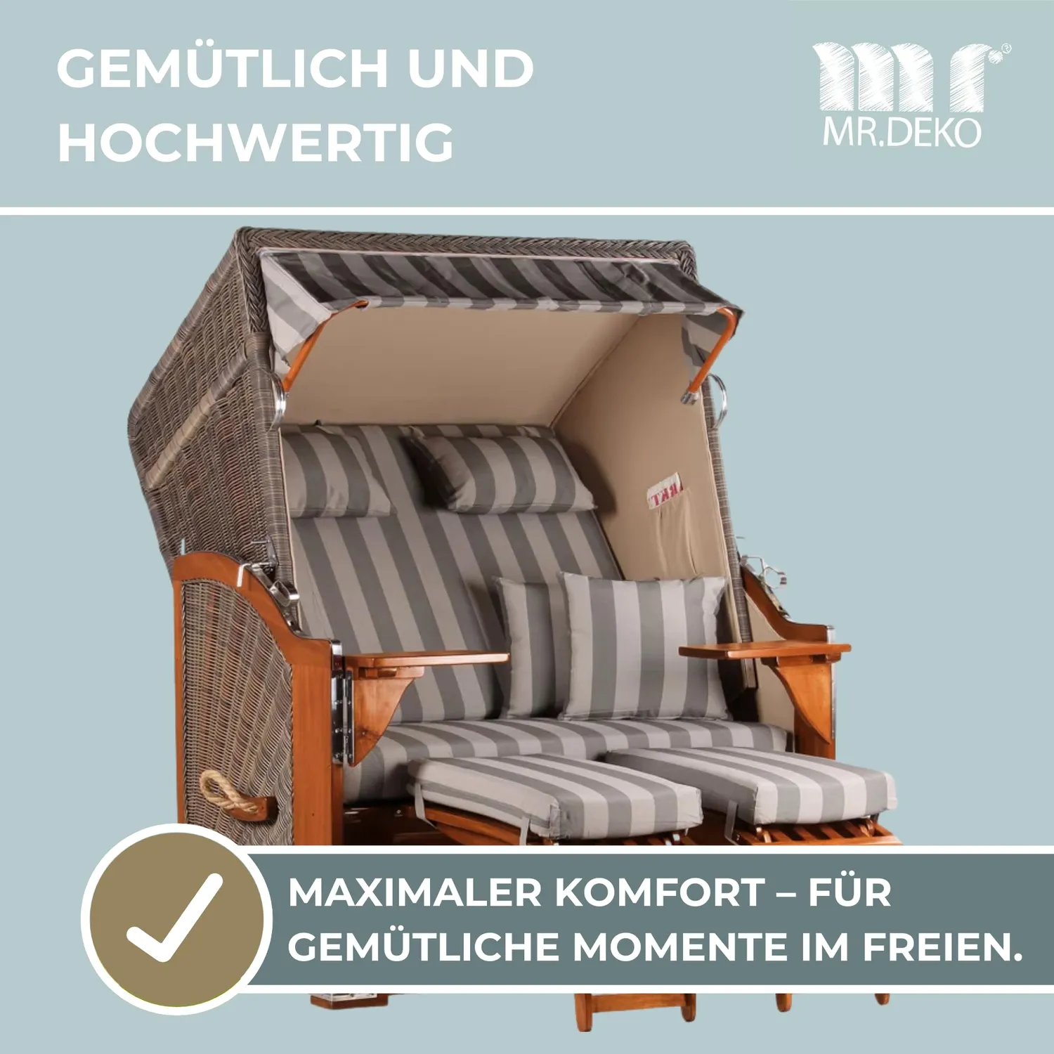 MR.DEKO Seeblick Strandkorb 2-Sitzer Dessin 537 Mahagoni Volllieger