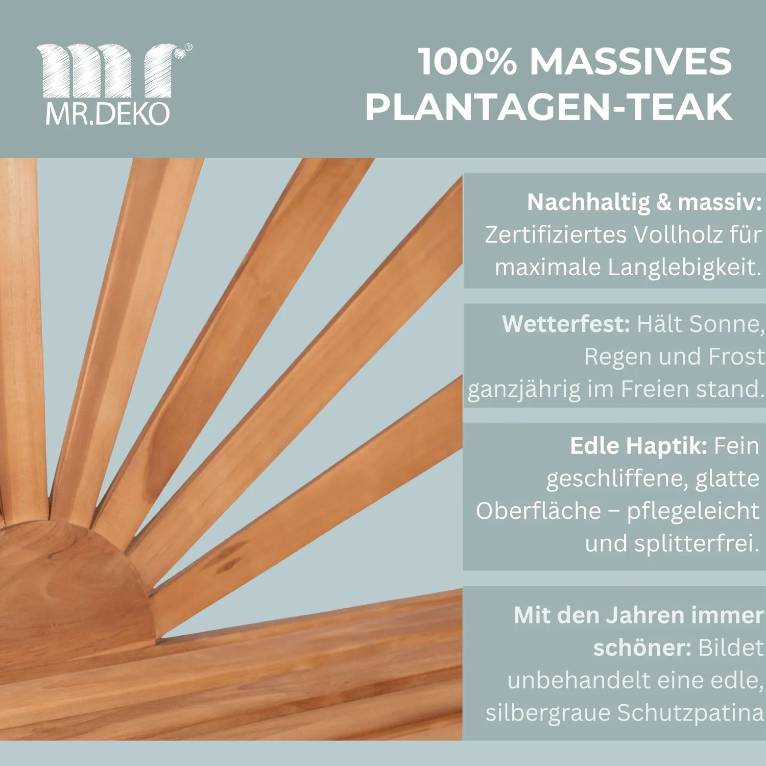 MR.DEKO Motiv Gartenbank Sonne 120x60x94 cm Teakholz 2-Sitzer