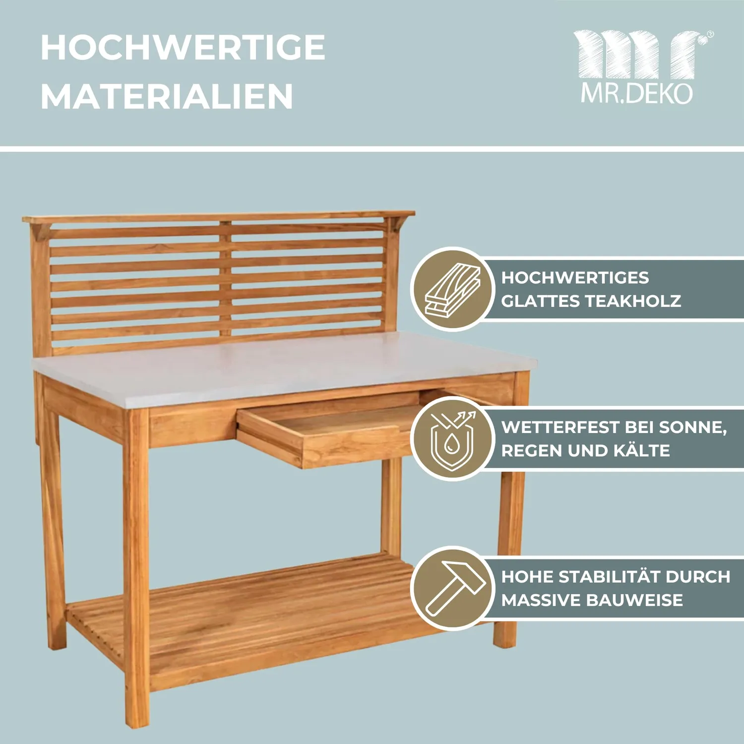 MR.DEKO Hampton Pflanztisch Teak mit Schublade