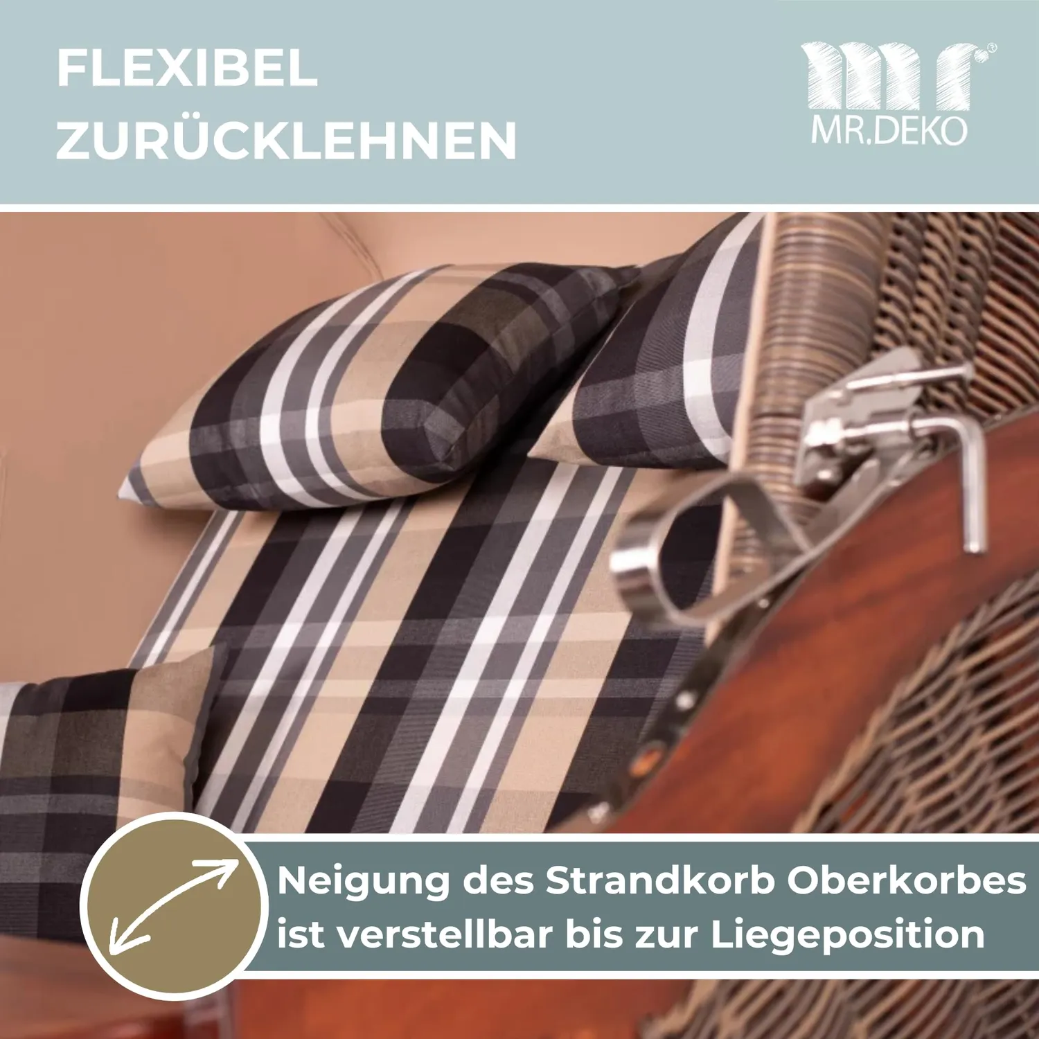 MR.DEKO Seeblick Mahagoni Strandkorb 2-Sitzer Dessin 583 Volllieger