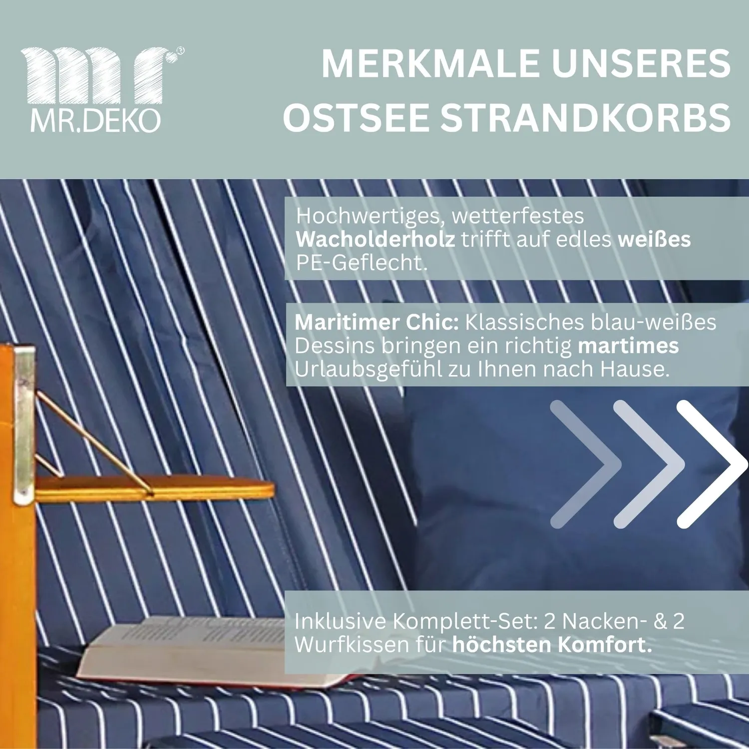 MR.DEKO Ostsee Strandkorb 2-Sitzer Dessin Royal Blau Weiß