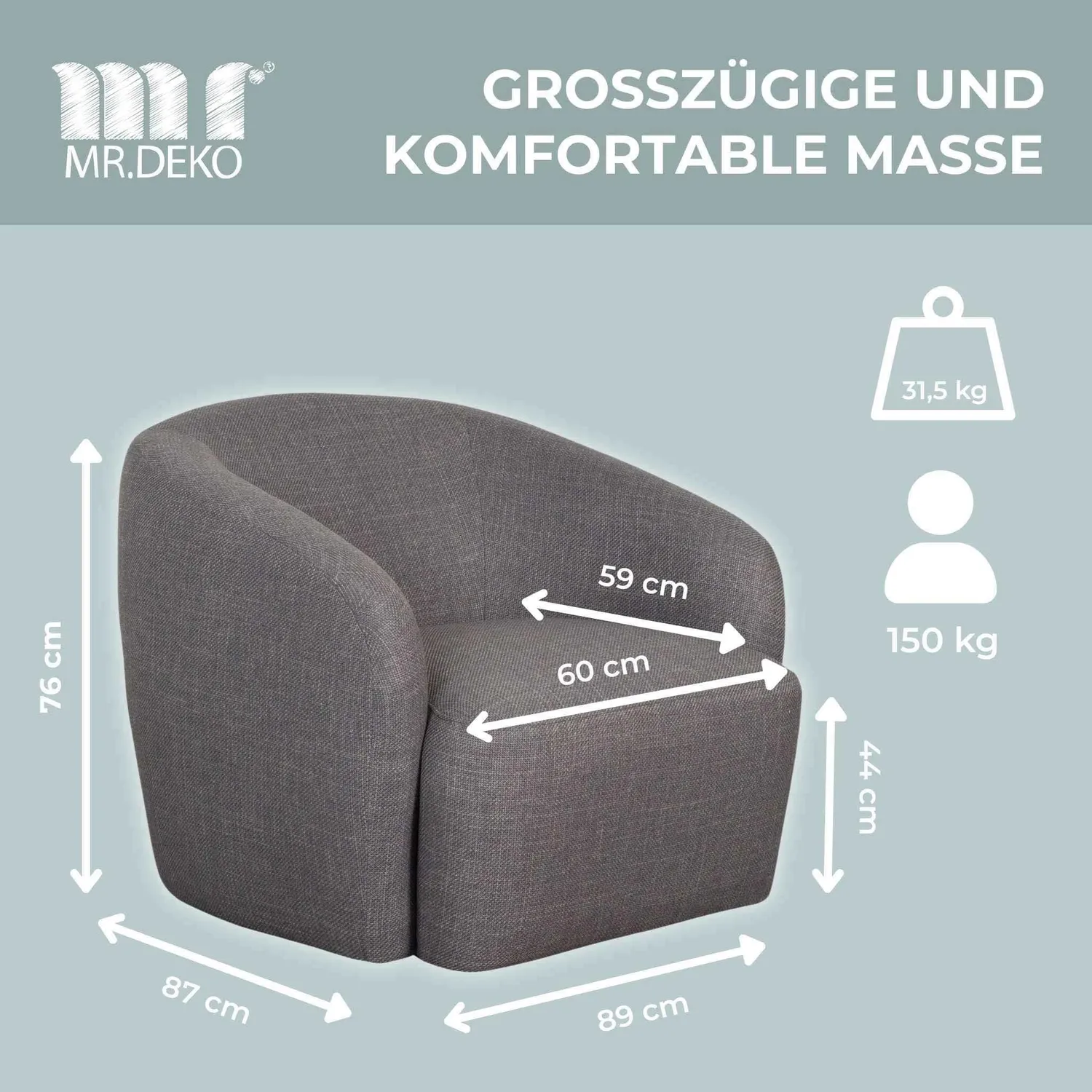MR.DEKO Loconia Loungesessel Grau Drehbar 360° Stoff