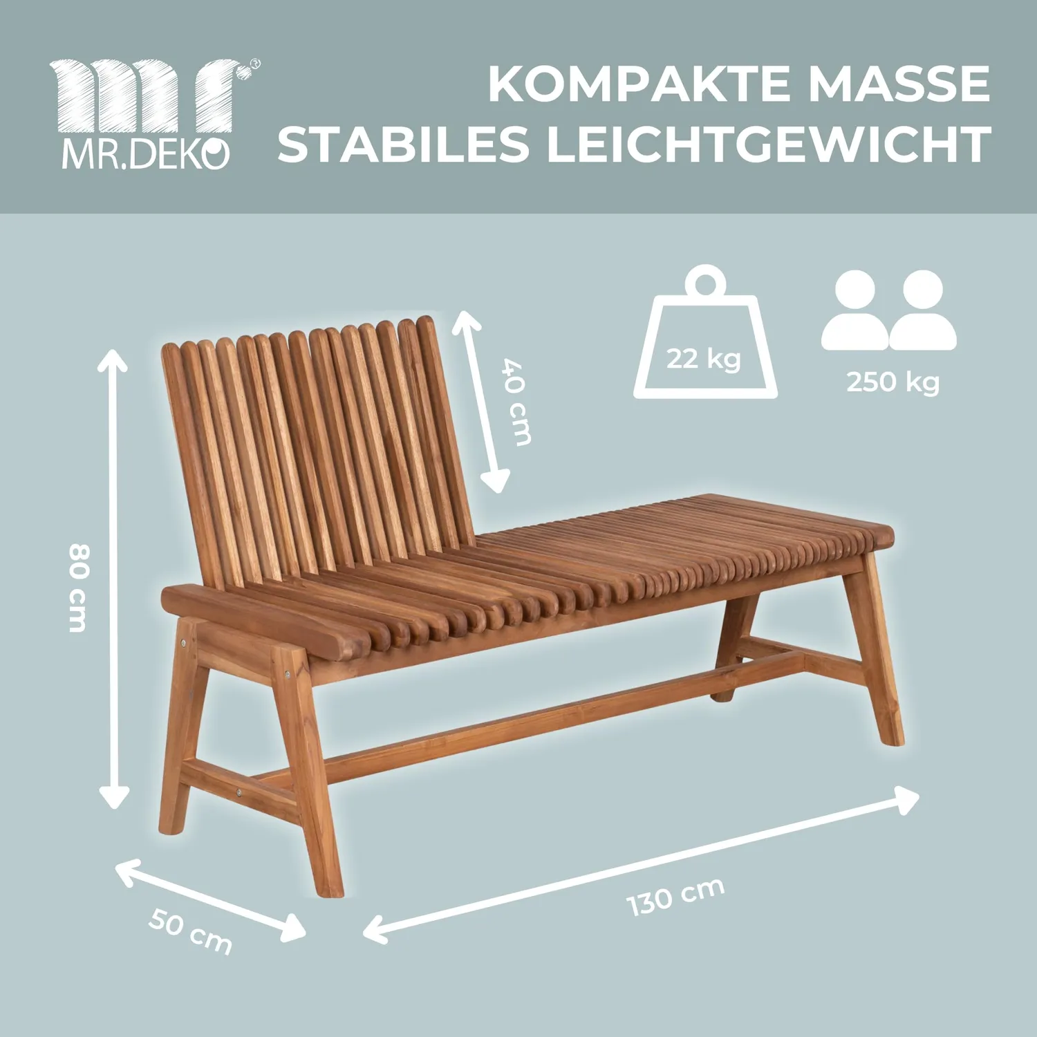MR.DEKO Leeds Gartenbank Teak 130 cm verstellbar