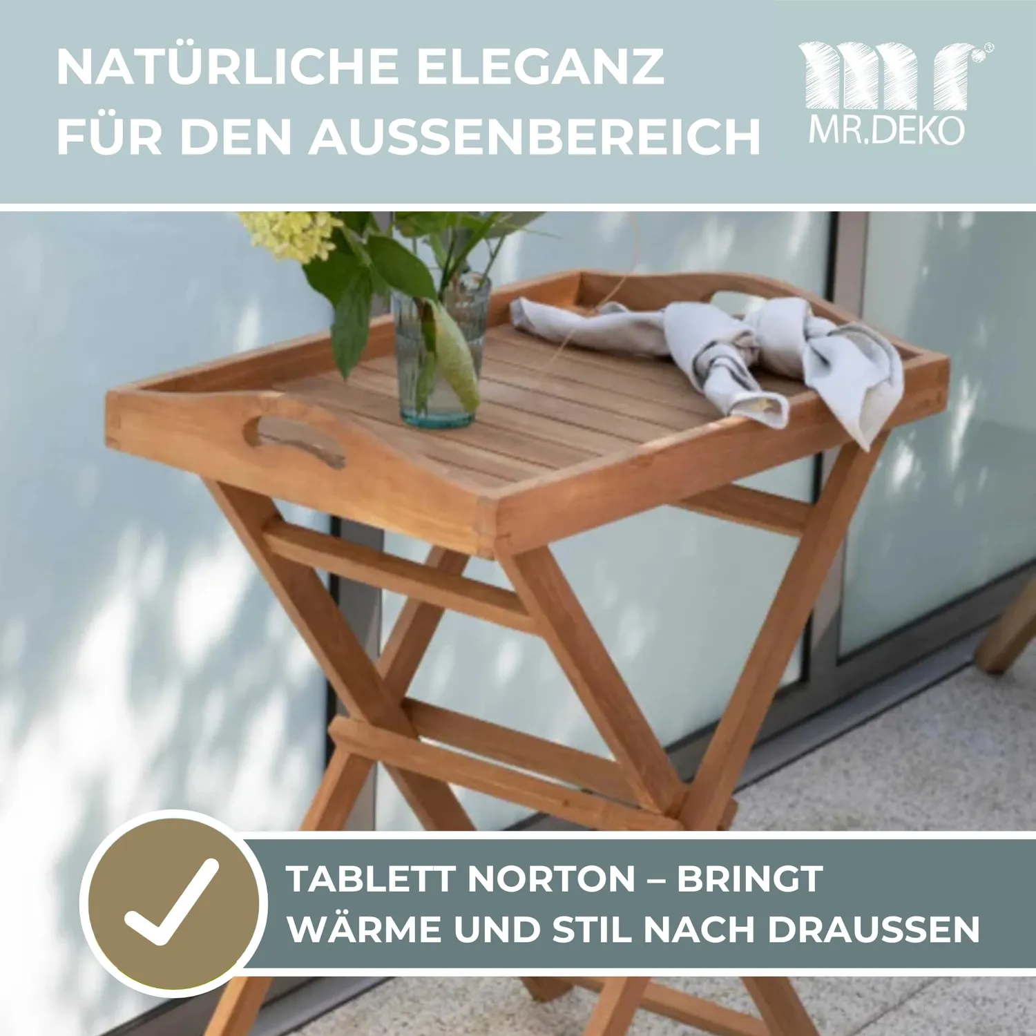 MR.DEKO Norton Beistelltisch Outdoor 60x40 cm Teakholz klappbar