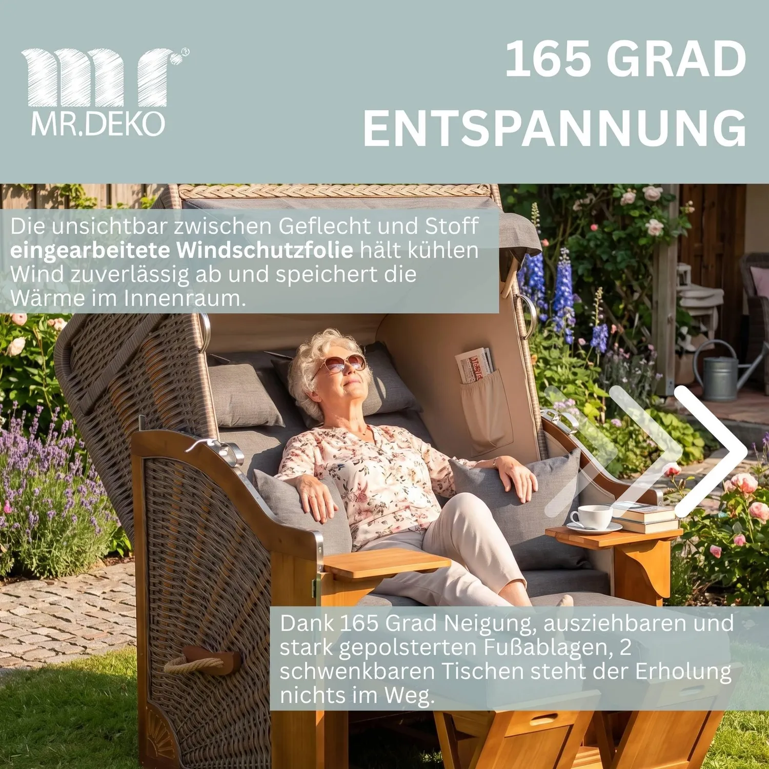 MR.DEKO Schleswig Strandkorb 2-Sitzer Dessin 560 Uni Grau