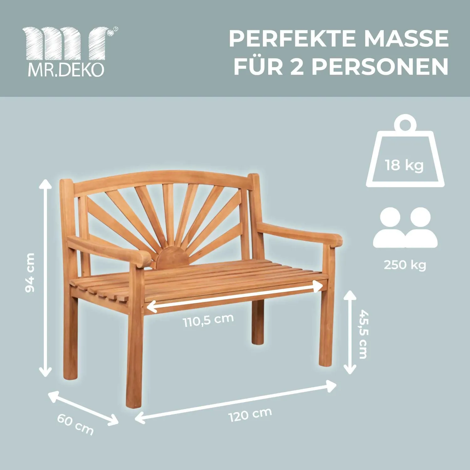 MR.DEKO Motiv Gartenbank Sonne 120x60x94 cm Teakholz 2-Sitzer