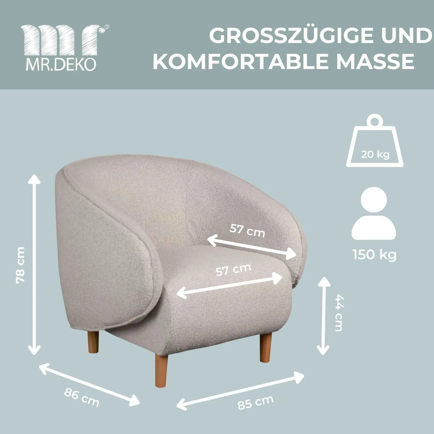 MR.DEKO Relaxsessel mit Armlehnen Polstersessel Massivholz