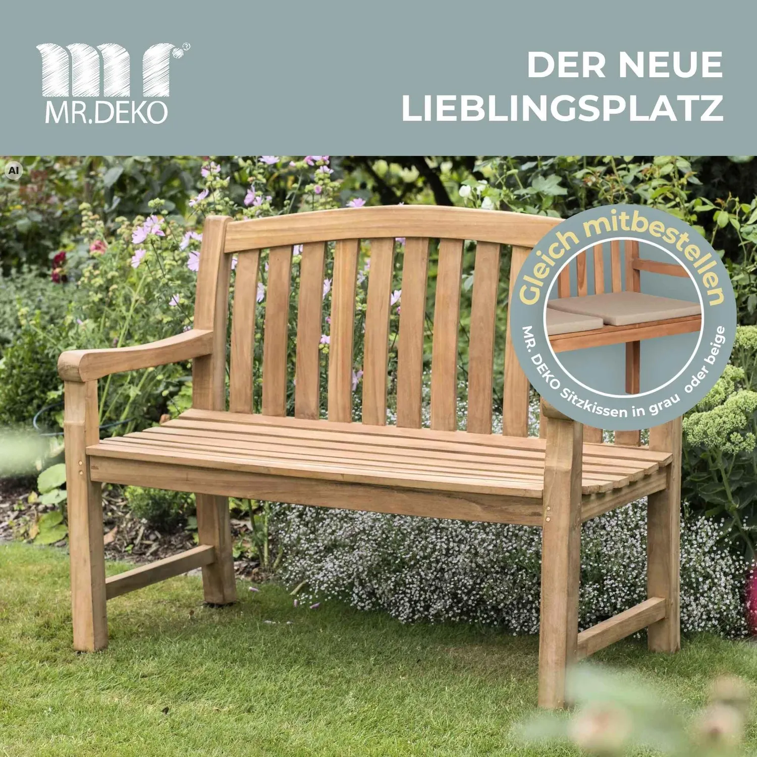 MR.DEKO Swindon Gartenbank 120 cm Teak Sitzbank wetterfest