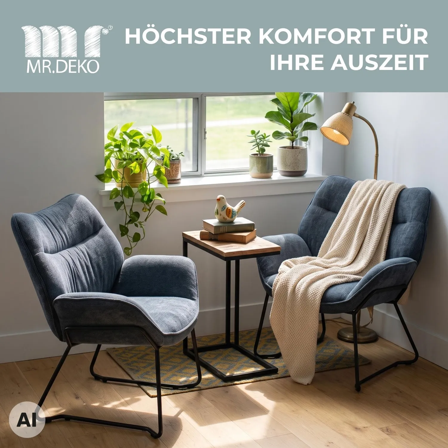 MR.DEKO Aliano Loungesessel Blau Stoff 73cm 125kg