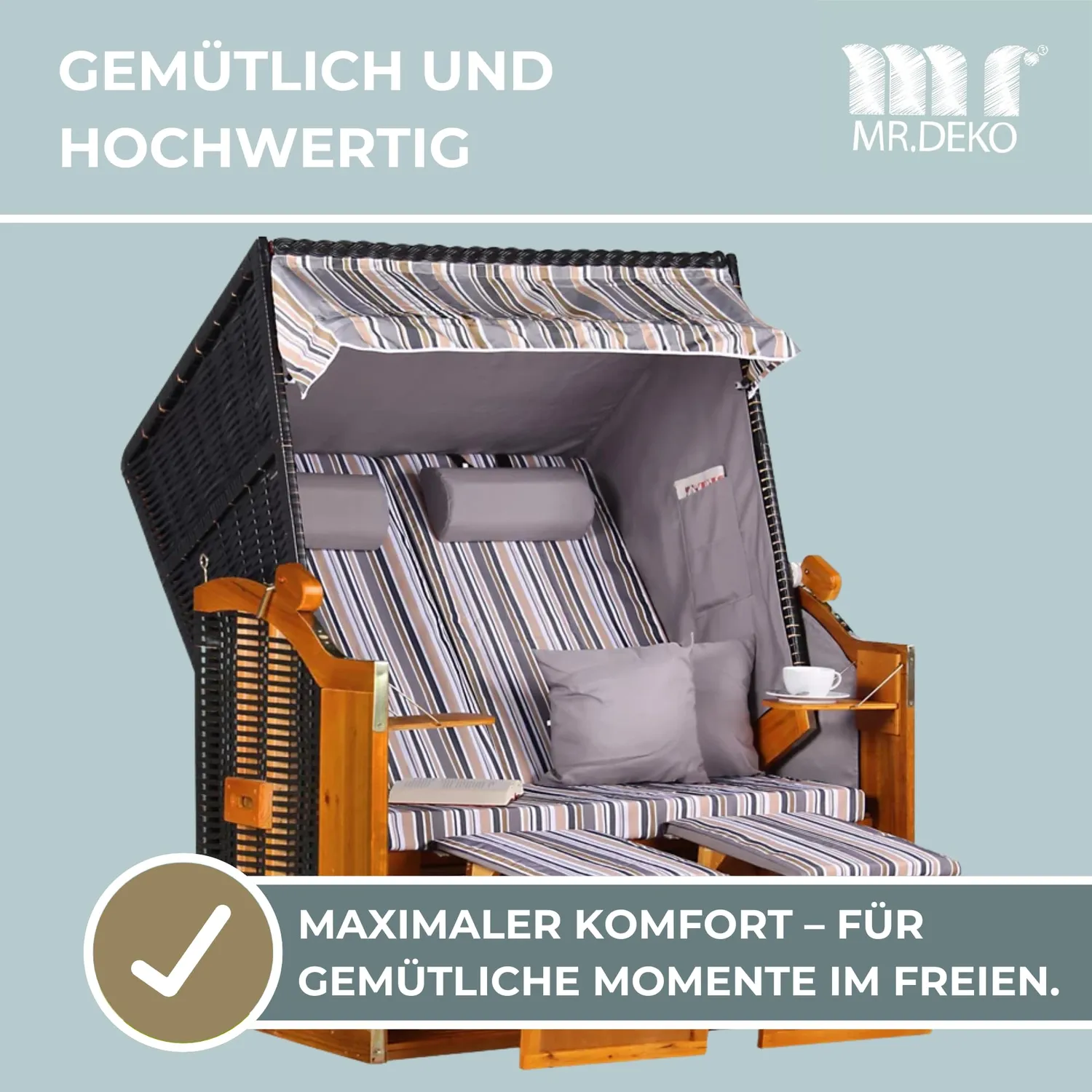 MR.DEKO Ostsee 2-Sitzer Strandkorb Schwarz Vollholz