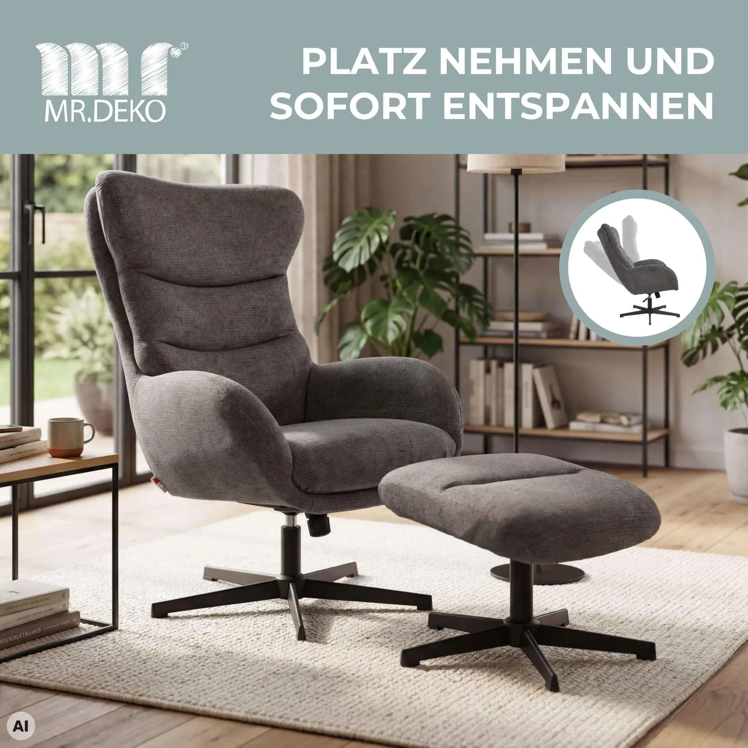 MR.DEKO Lucito Relaxsessel mit Hocker grau 360° drehbar Metallgestell