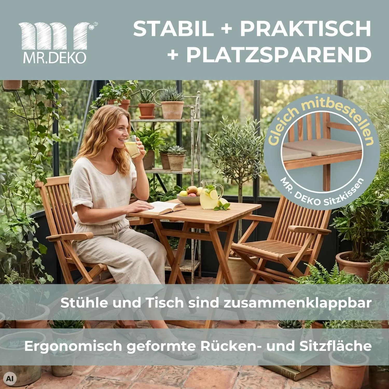 MR.DEKO Andover Porton Gartenmöbel-Set Teakholz 2 Sessel