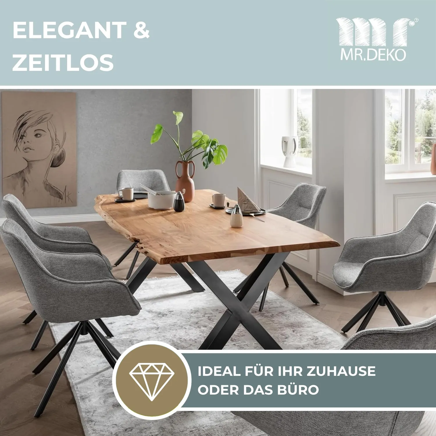 MR.DEKO San Carlo & Catania Baumkantentisch Esszimmer-Set 7-teilig