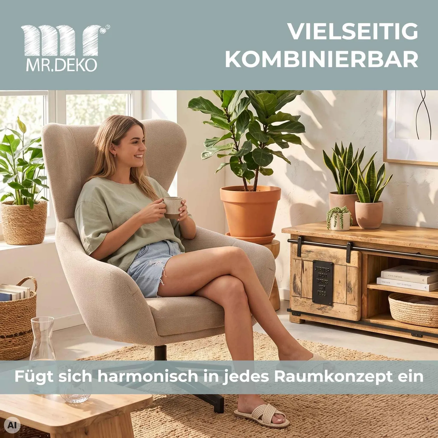 MR.DEKO Marconia Relaxsessel beige drehbar Ohrensessel 75x80x109