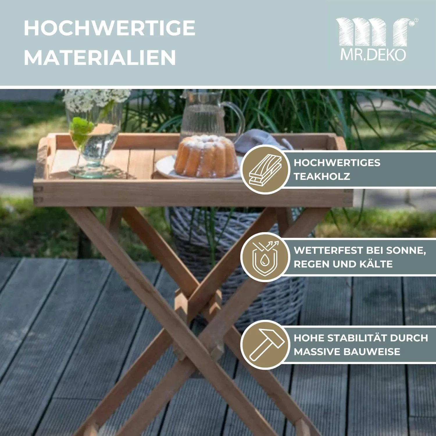 MR.DEKO Norton Beistelltisch Outdoor 60x40 cm Teakholz klappbar