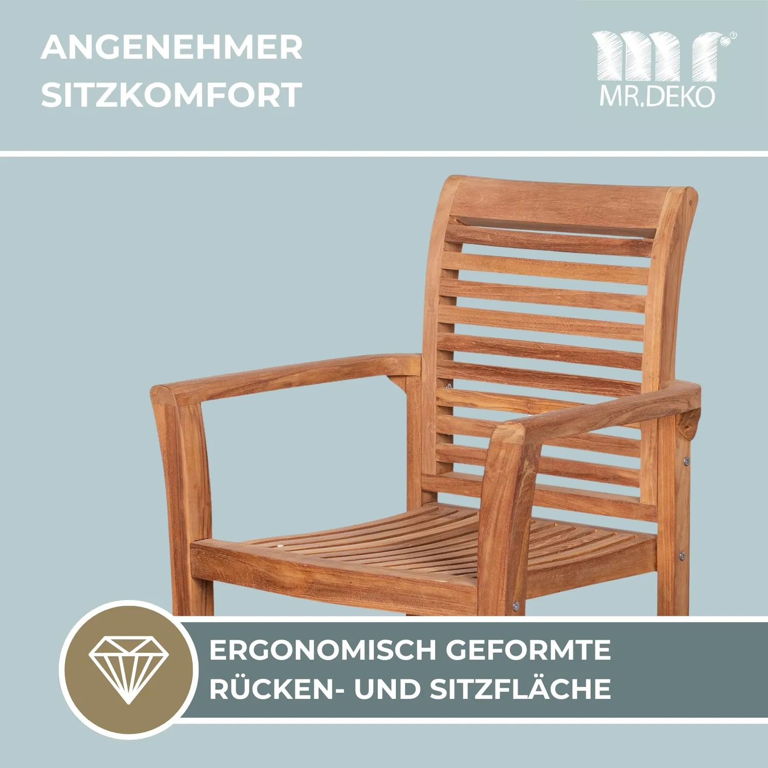MR.DEKO Derby Stapelsessel Teakholz stapelbar mit Armlehnen