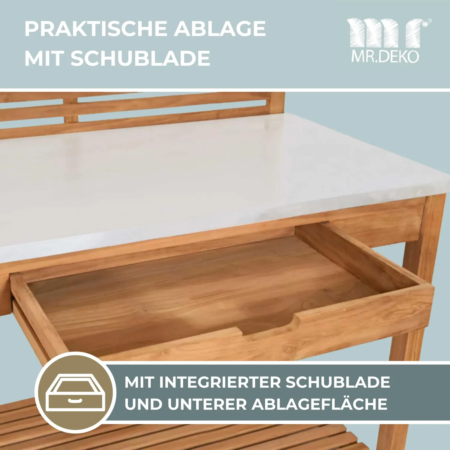 MR.DEKO Hampton Pflanztisch Teak mit Schublade