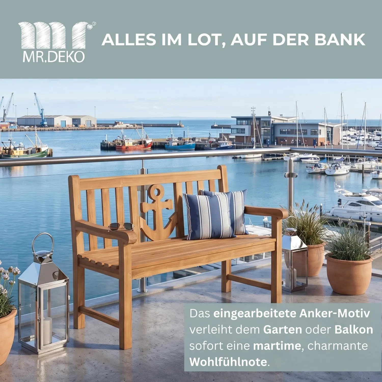 MR.DEKO Motiv Anker Gartenbank 120 cm Teakholz wetterfest