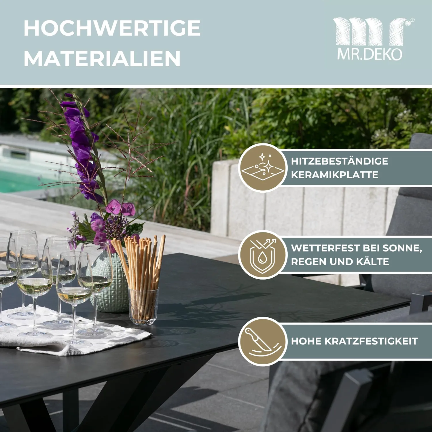 MR.DEKO Malaga Gartentisch 200x90 cm Keramikplatte Dark-Grey