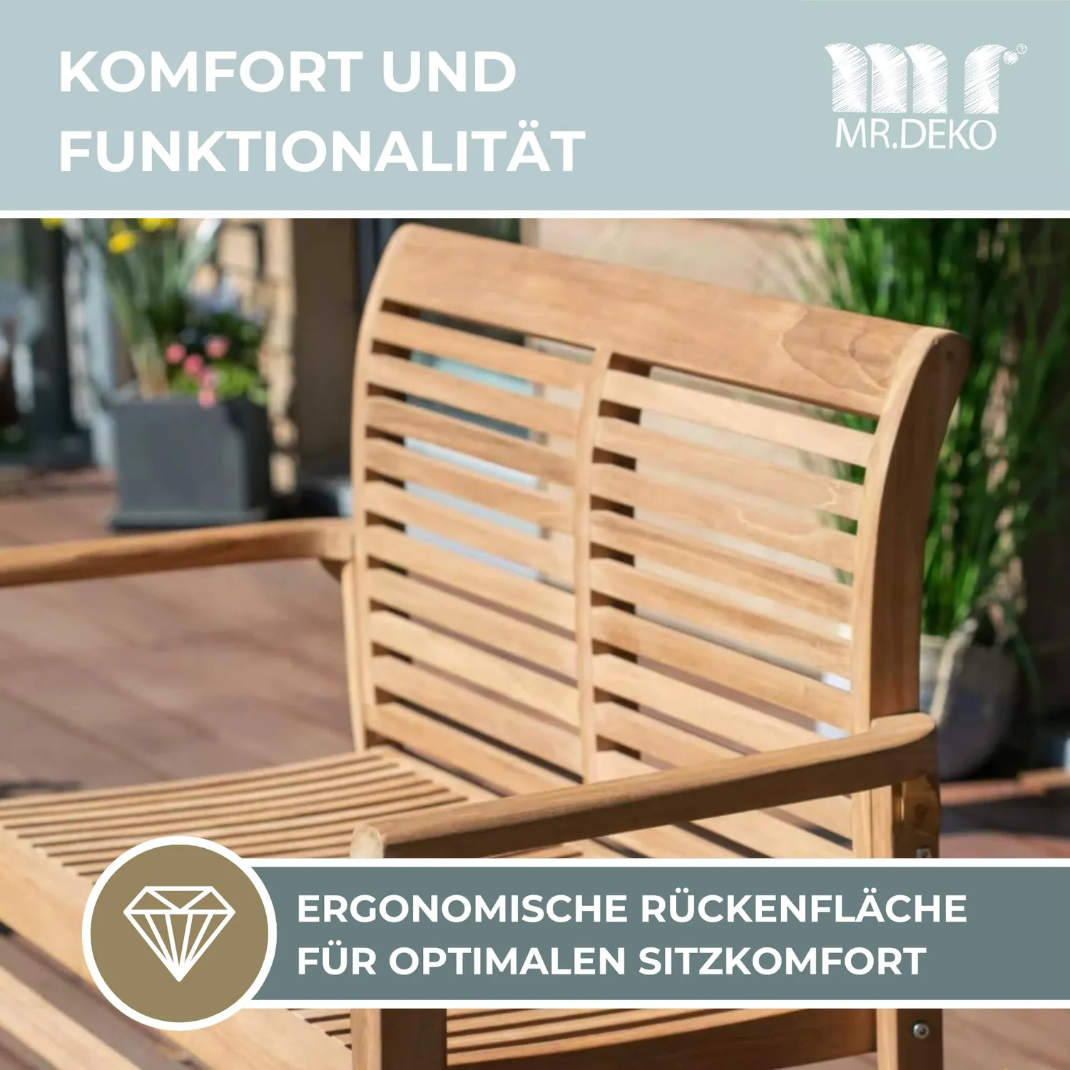 MR.DEKO Derby Gartenbank 120 cm Teakholz 2-Sitzer wetterfest