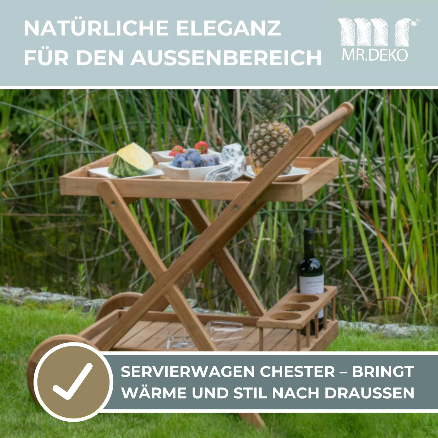 MR.DEKO Chester Servierwagen Teakholz 48x71 cm mit Rollen