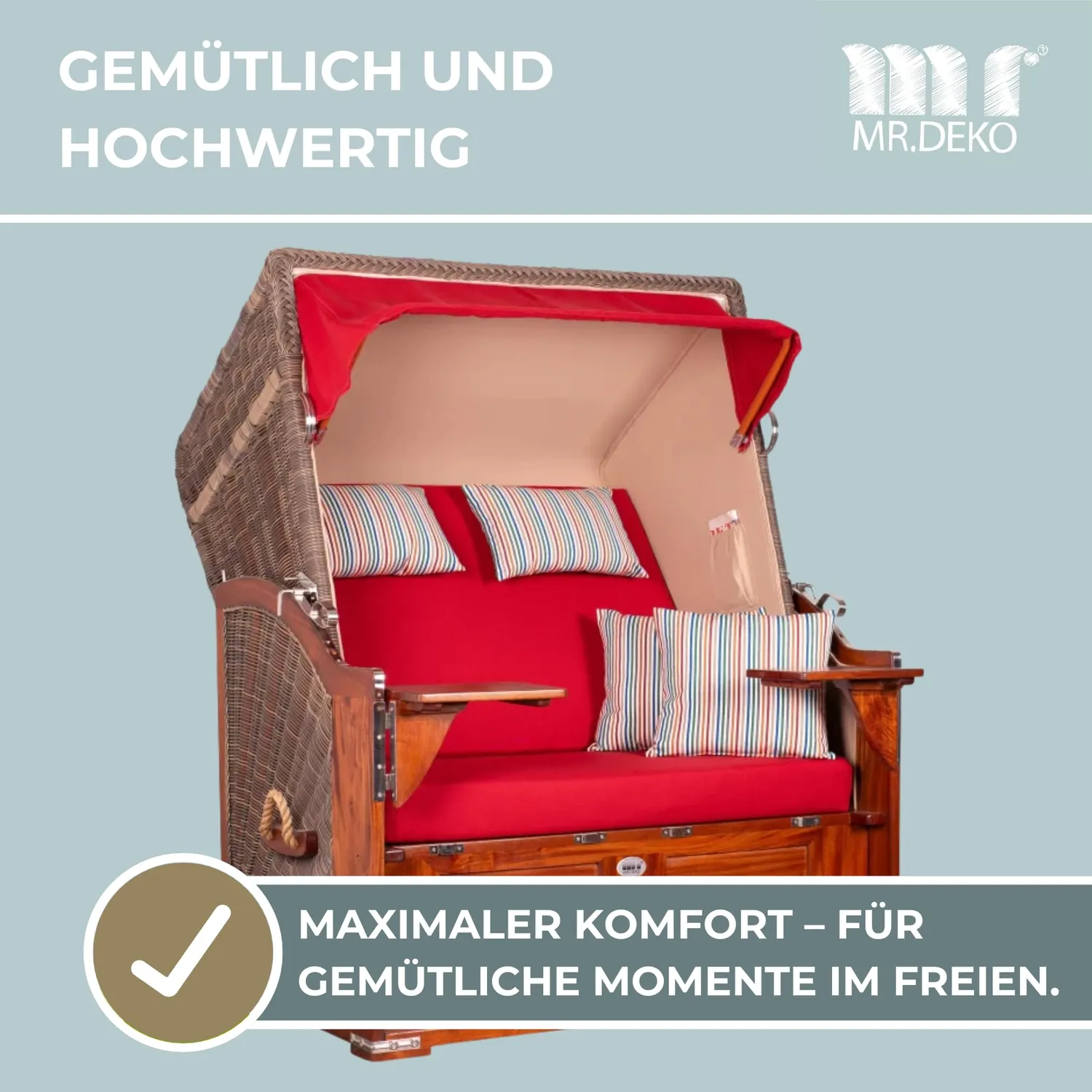 MR.DEKO Seeblick Mahagoni Strandkorb 2-Sitzer Dessin 585 Volllieger