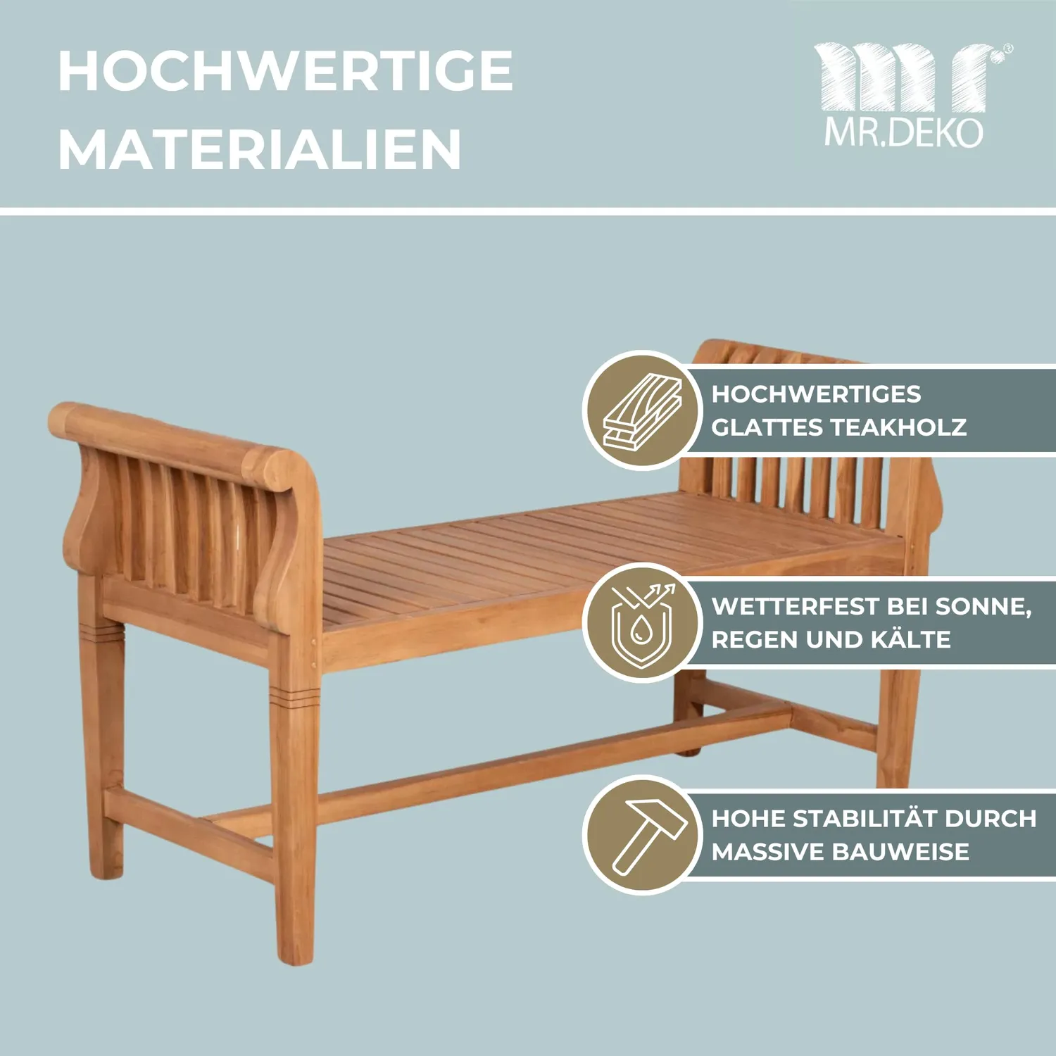 MR.DEKO Wigan Gartenbank 2-Sitzer 130 cm Teak wetterfest