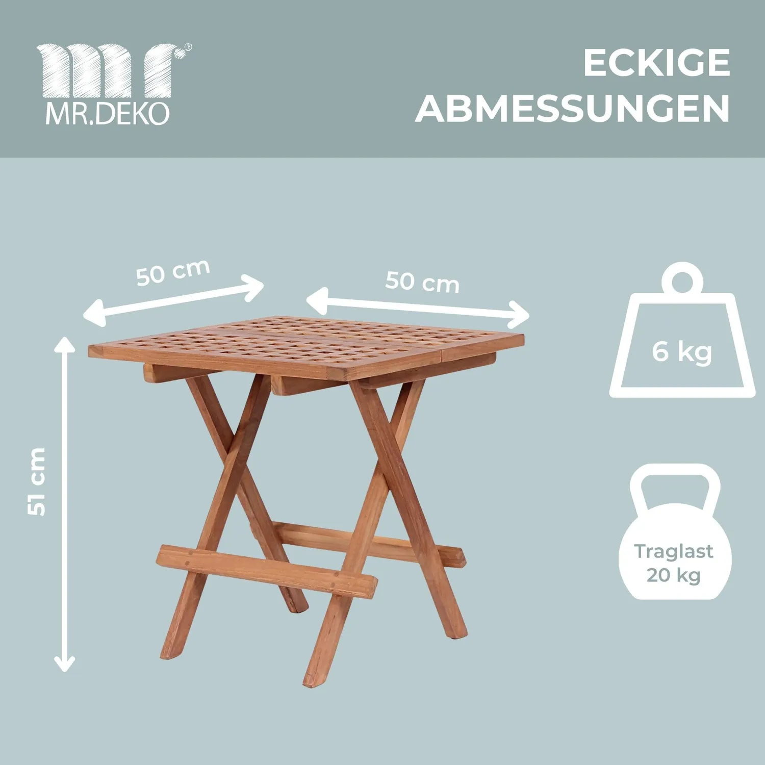 MR.DEKO Devon Beistelltisch klappbar Teak 50 × 50 cm wetterfest