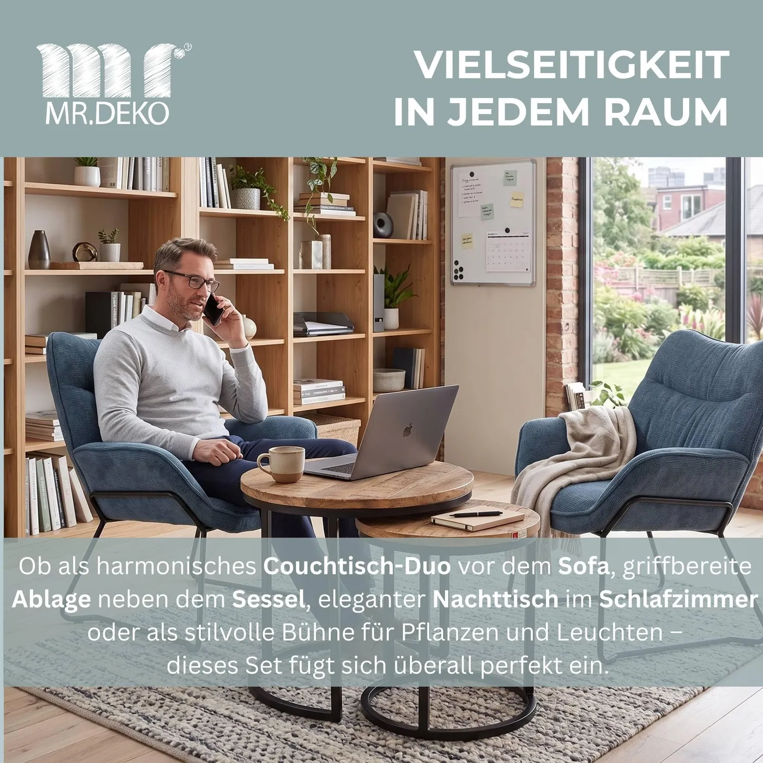 MR.DEKO Fermo Couchtisch 2er Set Mangoholz Natur rund