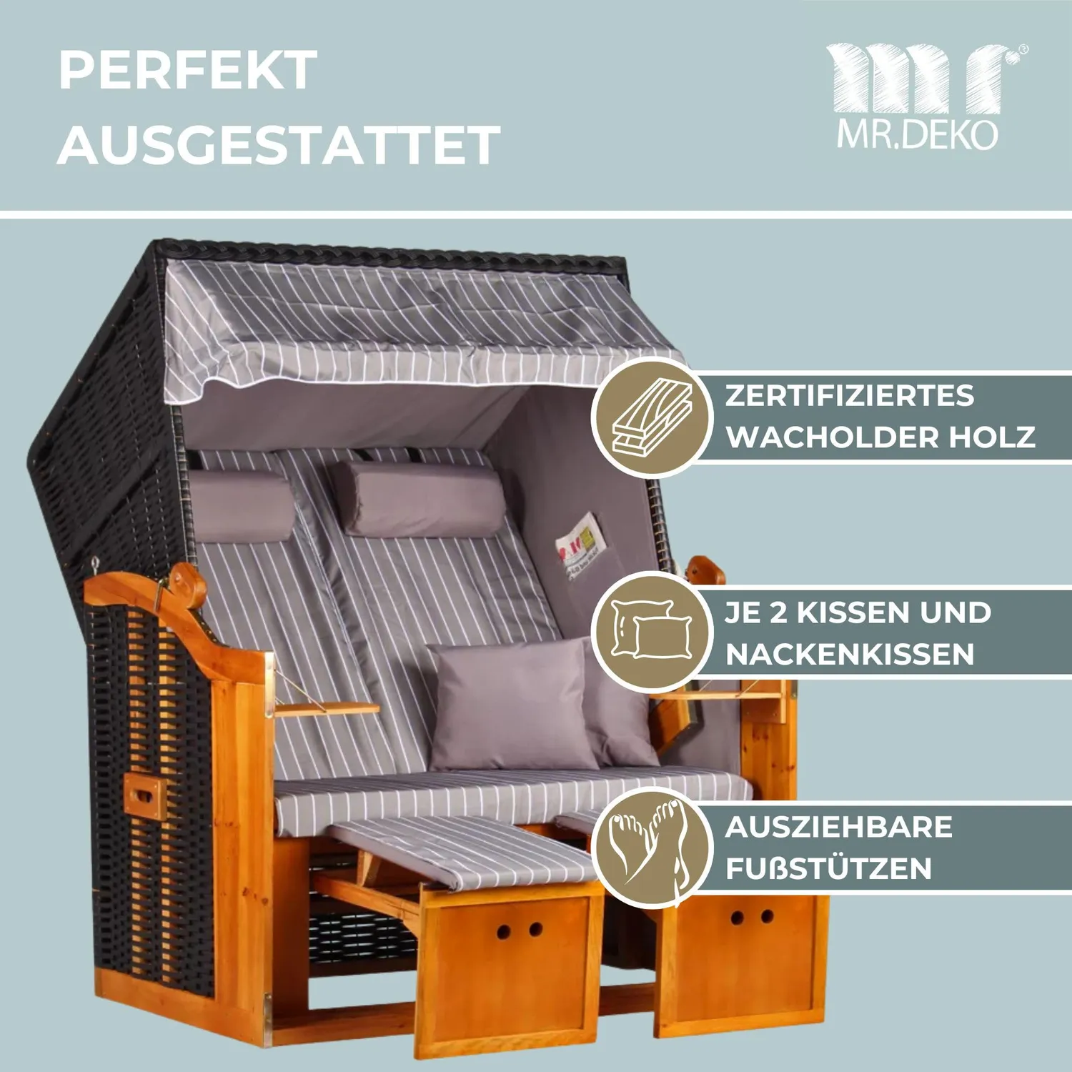 MR.DEKO Ostsee 2-Sitzer Strandkorb Anthrazit Volllieger