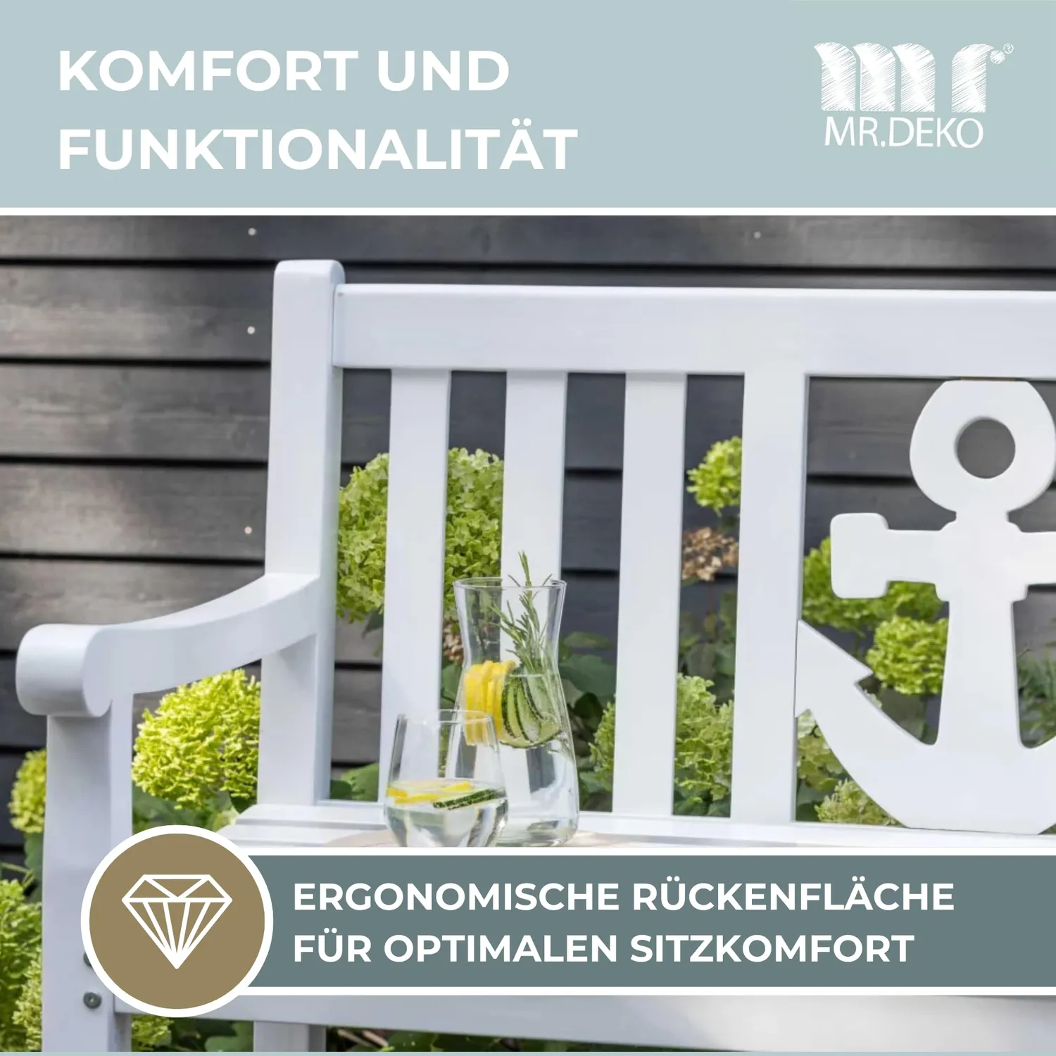MR.DEKO Anker Gartenbank 2-Sitzer aus Mahagoni grau lackiert