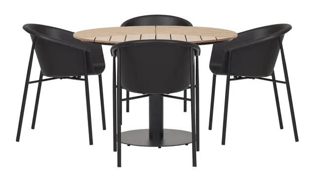 Envy Gartenmöbel-Set für 4 Personen Gartentisch Polywood Teak-Look schwarze Stühle