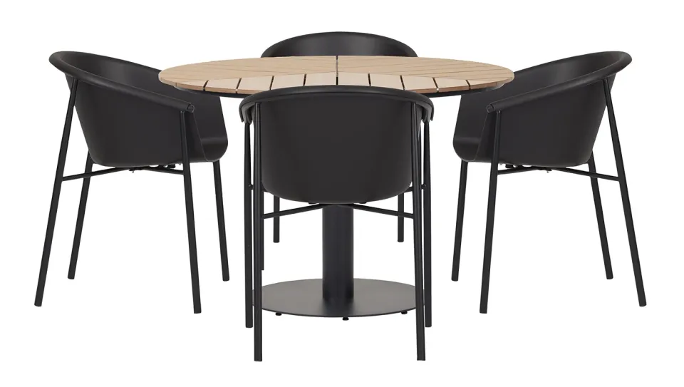 Envy Gartenmöbel-Set für 4 Personen Gartentisch Polywood Teak-Look schwarze Stühle